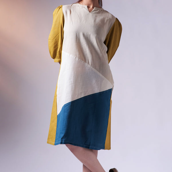Colourblock Knee Dress - Mustard