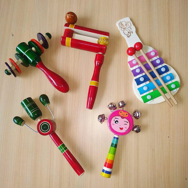 Channapatna Toys Wooden Rattles for Baby, Infants, New Born Babies Toys (0 to 6 to 12 Months) - Set of 5 pcs - Non Toxic Multicolor - Made in India - Discover Sounds & Develops Sensory Skills