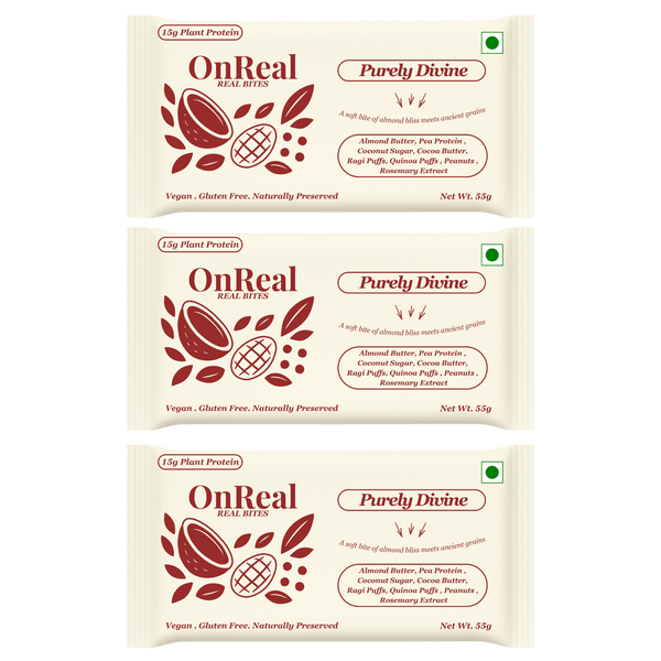 OnReal Purely Divine Plant-Based Protein Bars | 15g Protein | No Refined Sugar | High Fiber | Almond Butter | Made with Ragi & Quinoa Puffs | Vegan, Gluten-Free | Clean Label Snack
