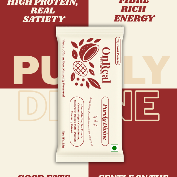 OnReal Purely Divine Plant-Based Protein Bars | 15g Protein | No Refined Sugar | High Fiber | Almond Butter | Made with Ragi & Quinoa Puffs | Vegan, Gluten-Free | Clean Label Snack