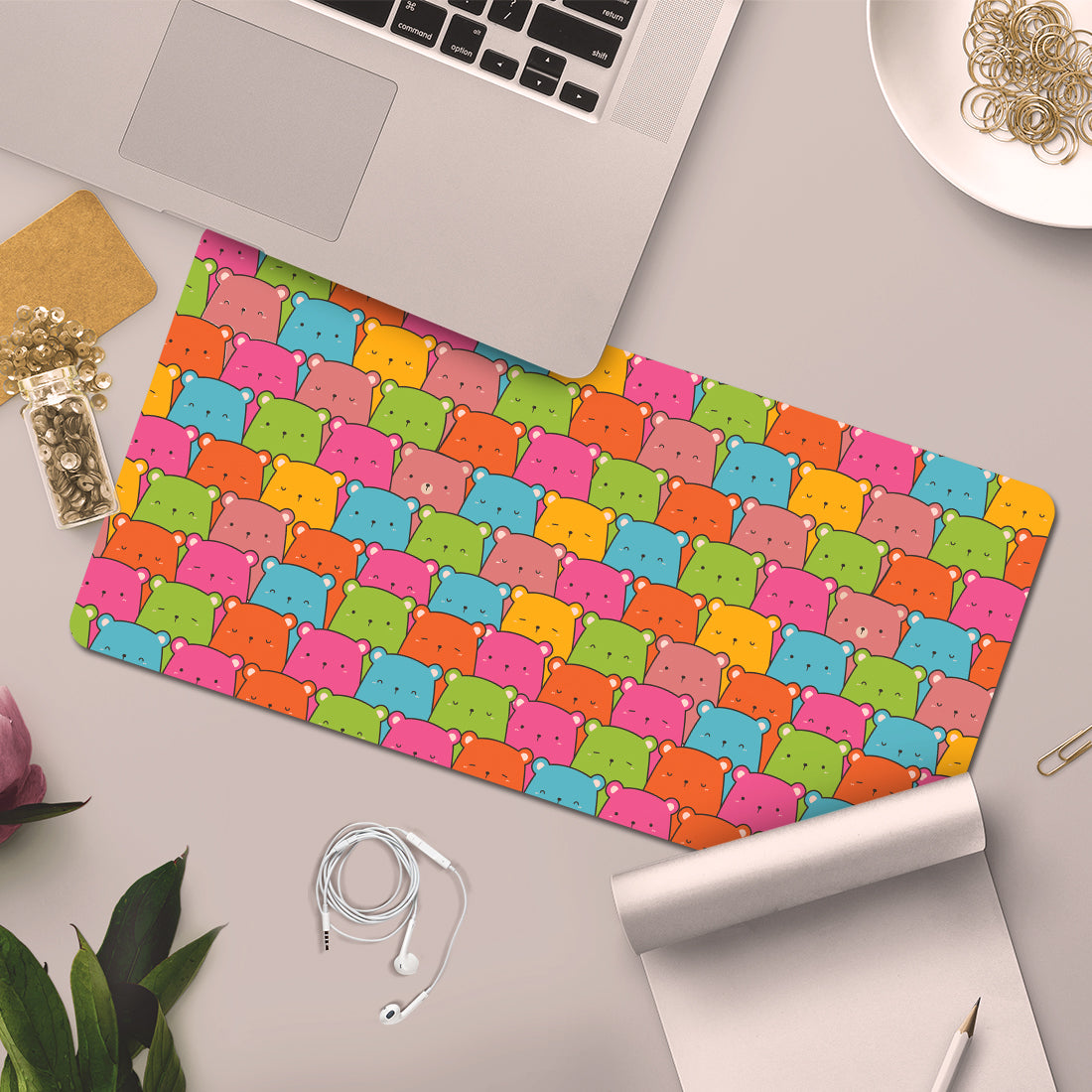 Desk Mat | Travel Friendly | 60 (w) x 30 (h) CM | Anti Slippery | Spacious for Desk | Rubber Bottom | Water Resistant | Multicolor | Easy to Clean | Illustrated (Teddy)