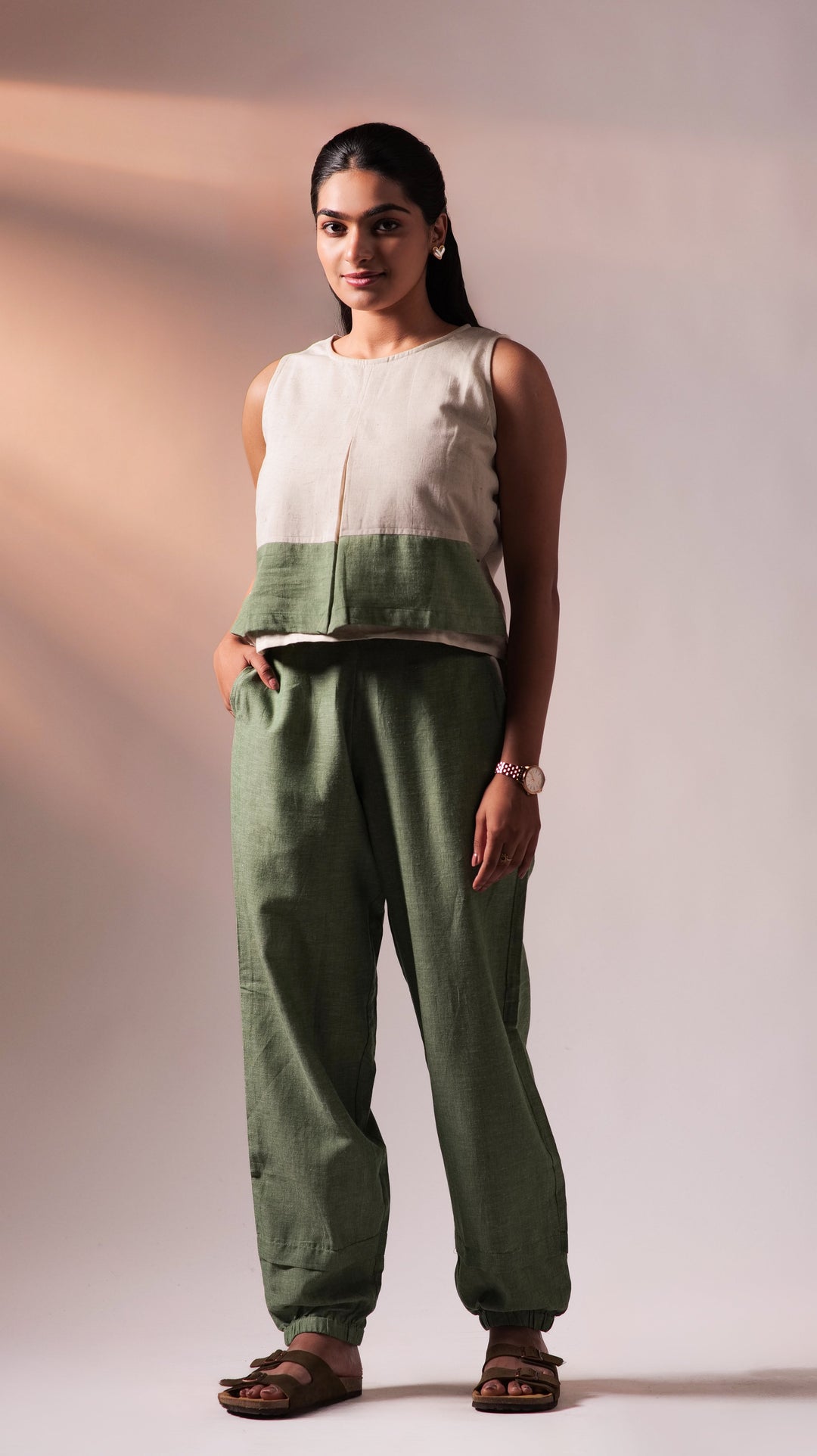 Flexi Top Pant Set - Olive+White