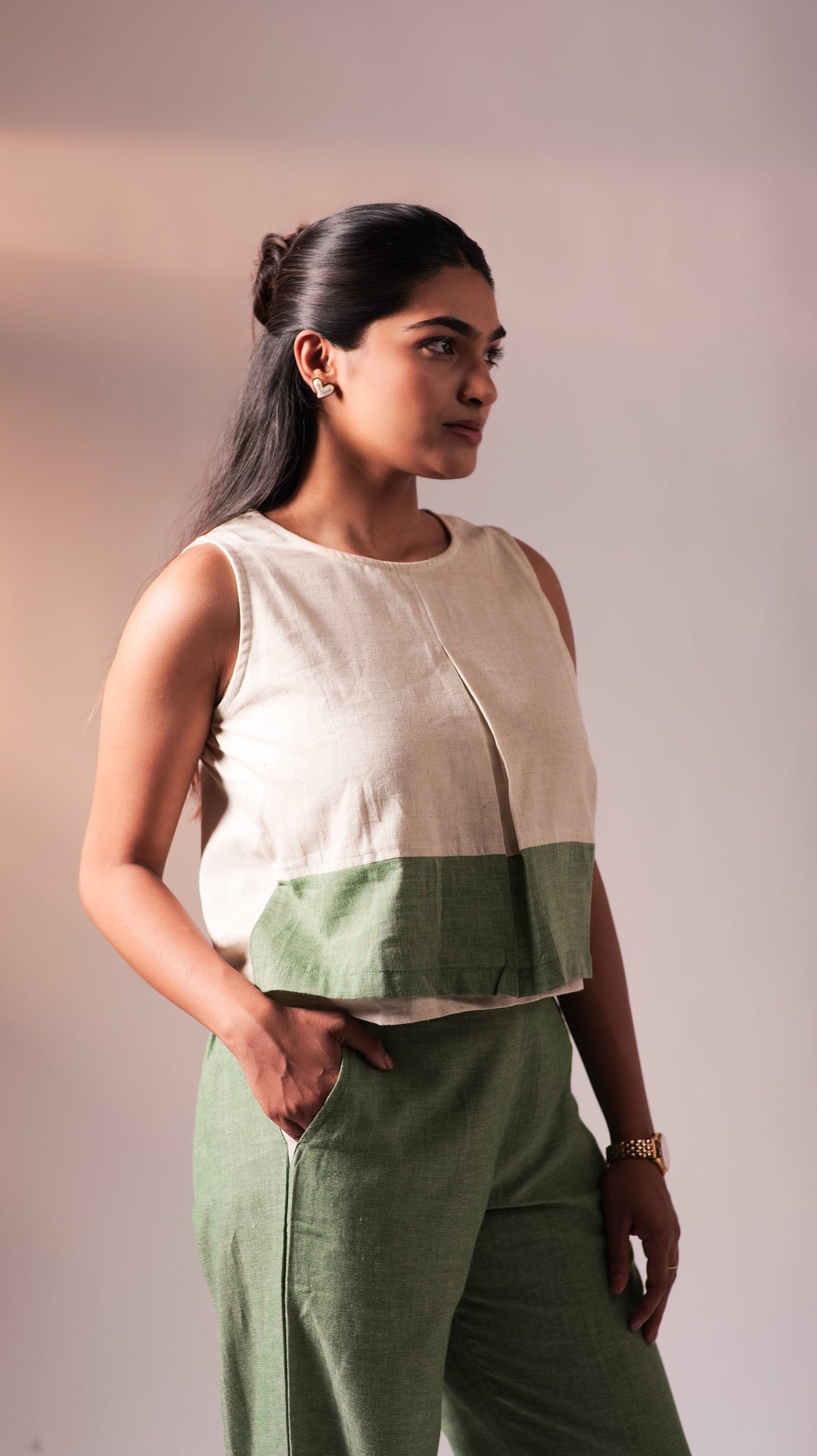 Flexi Top Pant Set - Olive+White