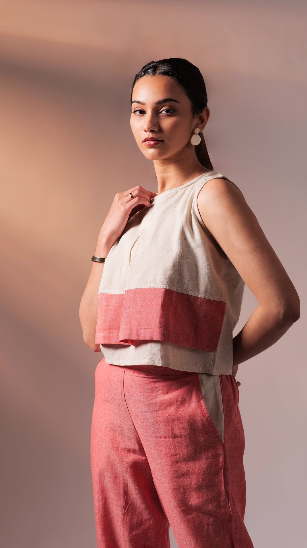 Flexi Top Pant Set - Peach+White