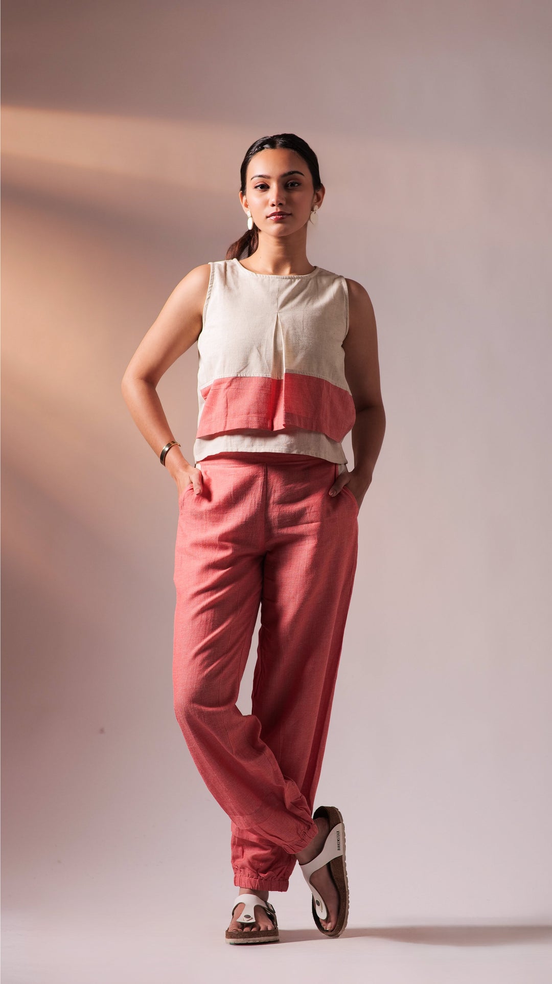 Flexi Top Pant Set - Peach+White