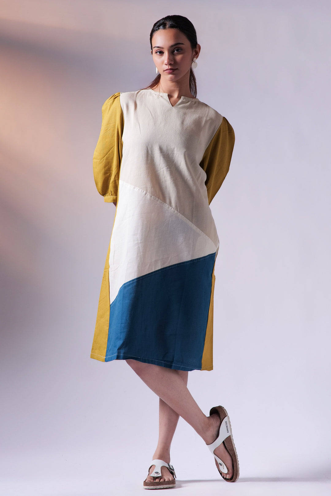 Colourblock Knee Dress - Mustard