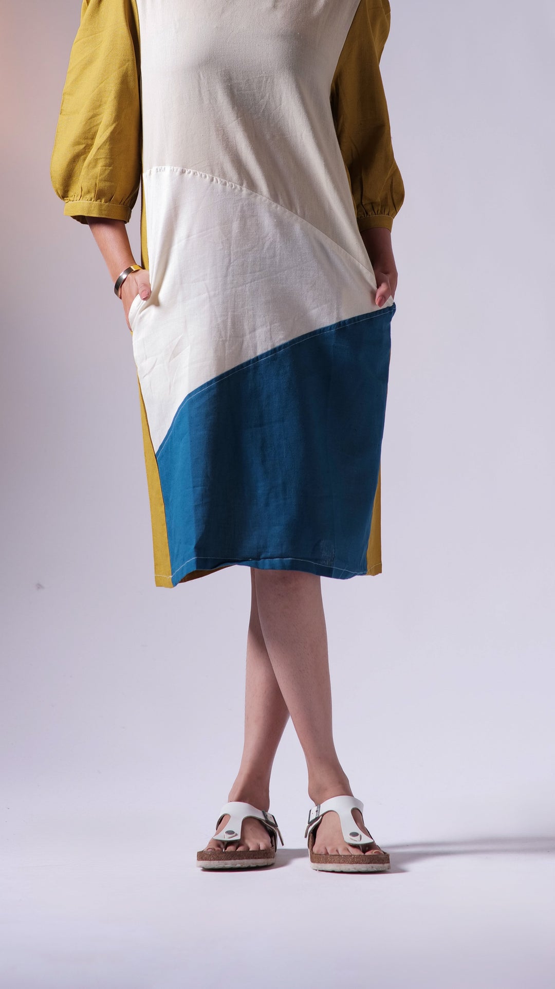 Colourblock Knee Dress - Mustard