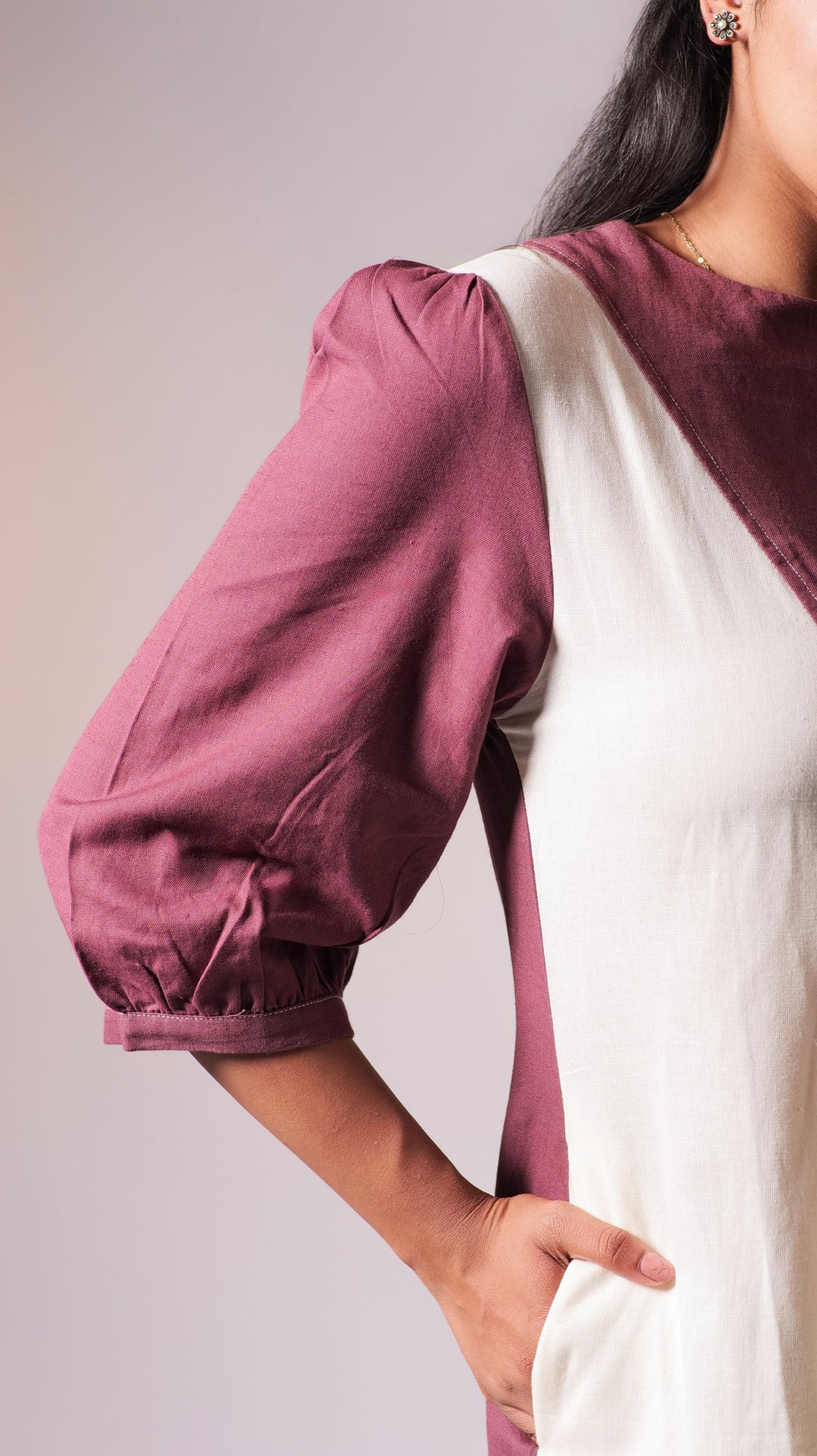 Colourblock Knee Dress - Wine