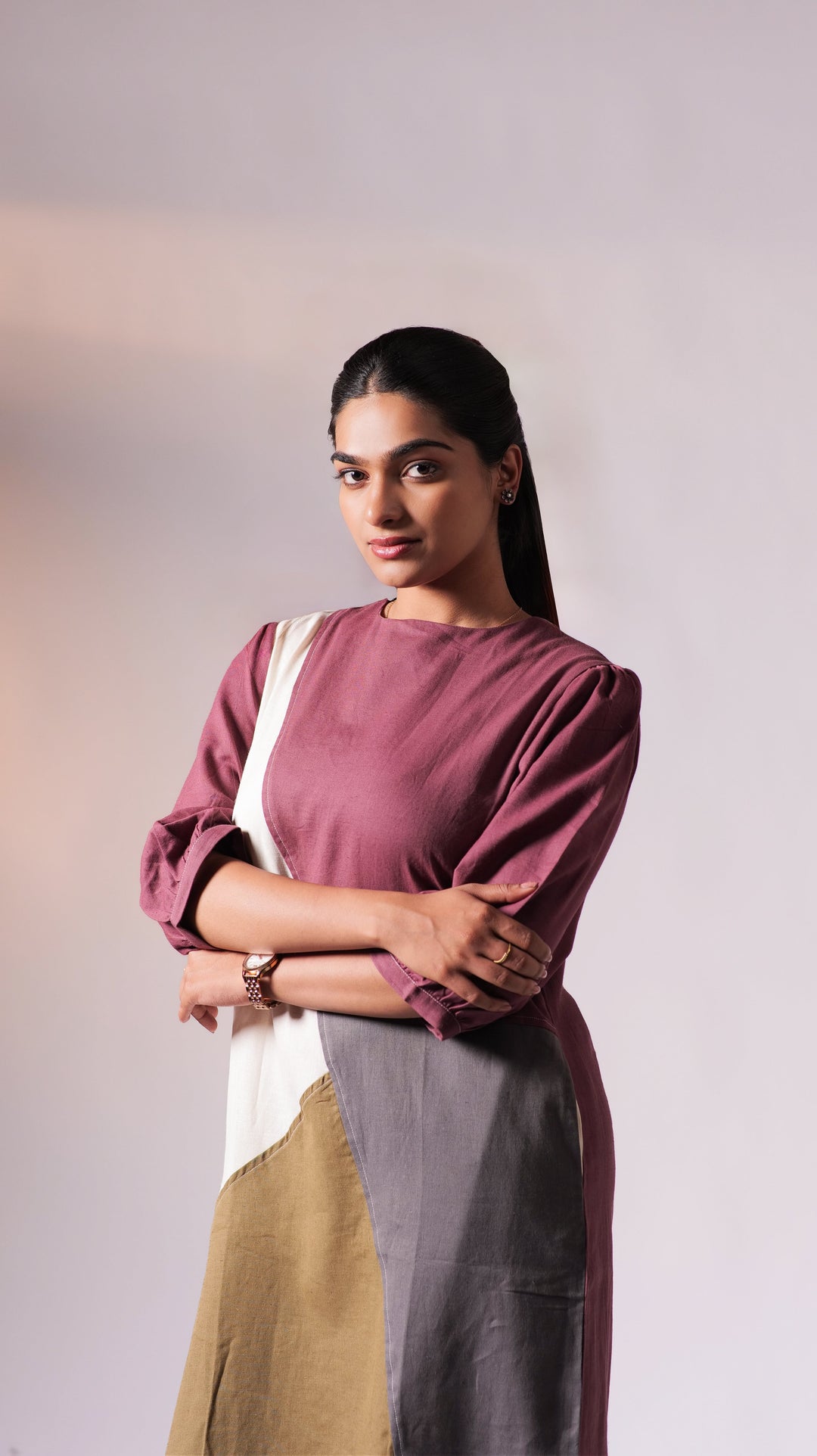 Colourblock Knee Dress - Wine