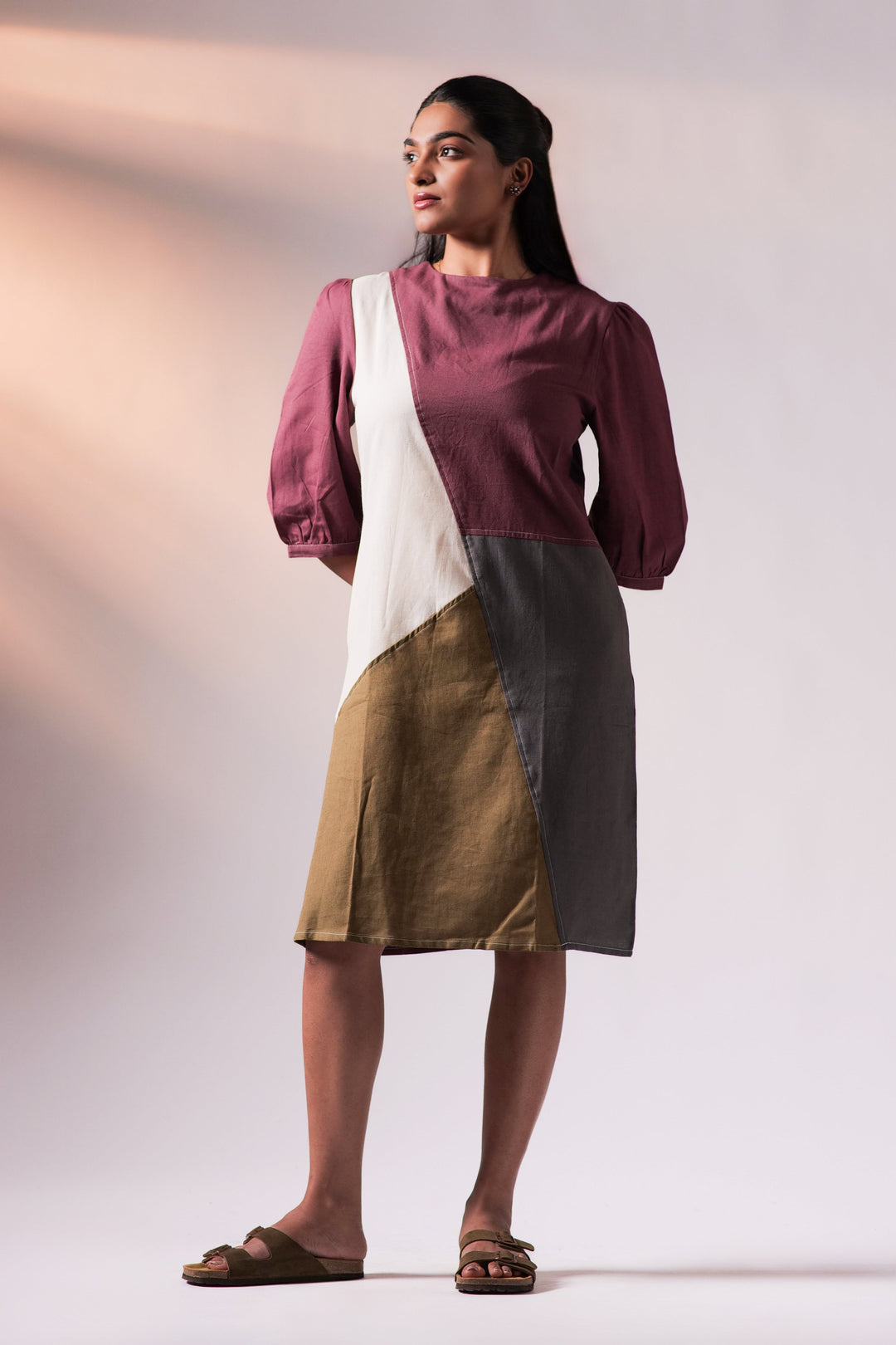 Colourblock Knee Dress - Wine