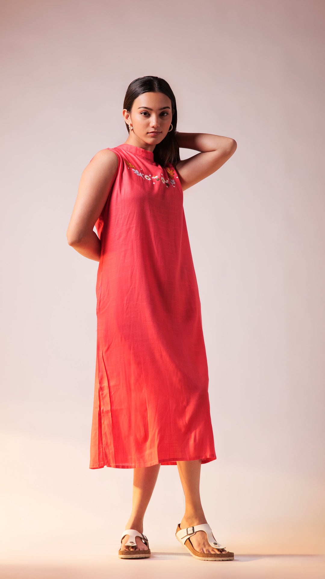 Embroidered Midi Dress - Fuschia