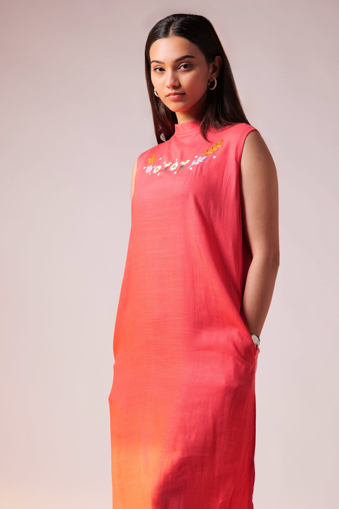 Embroidered Midi Dress - Fuschia