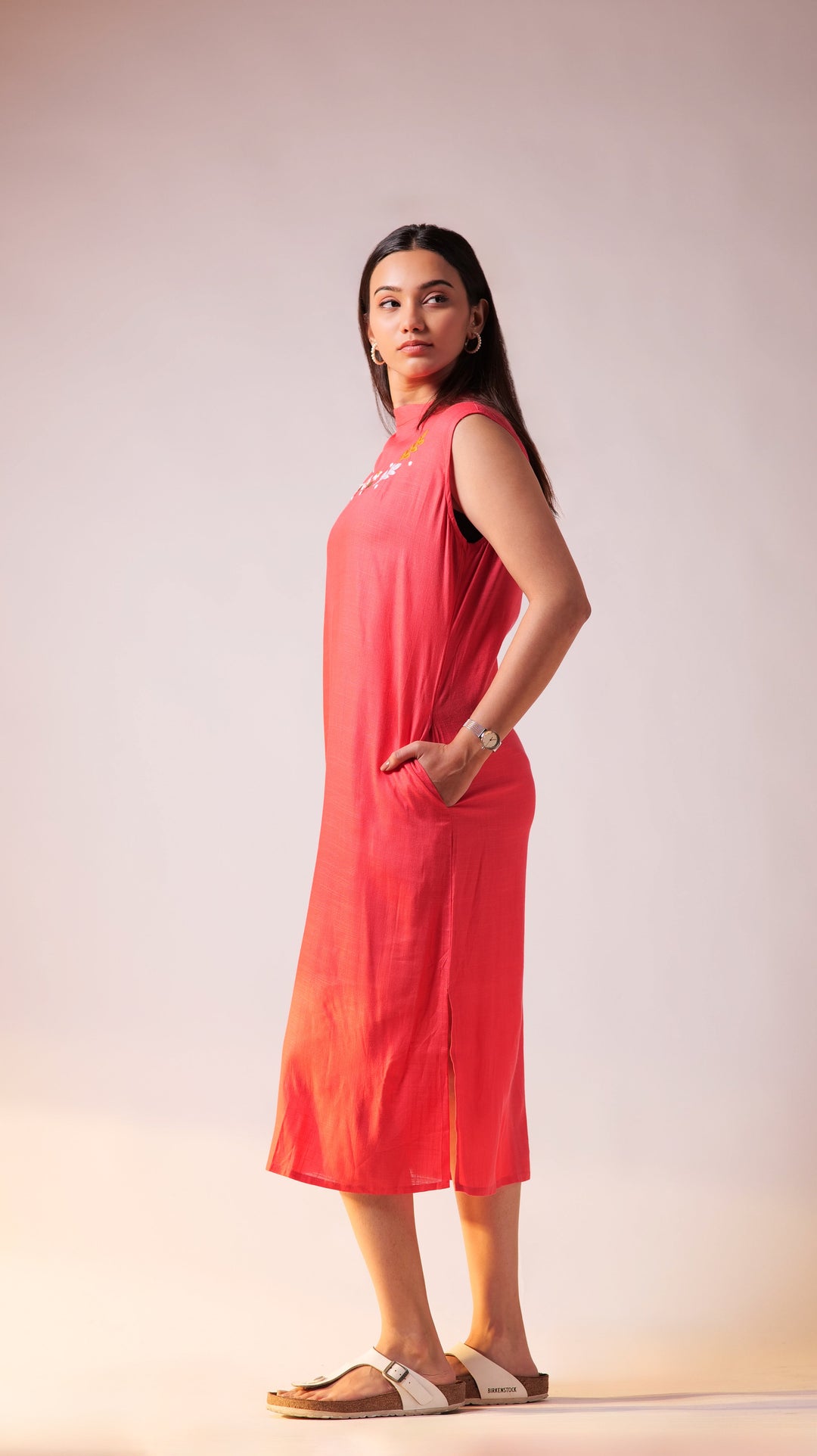 Embroidered Midi Dress - Fuschia