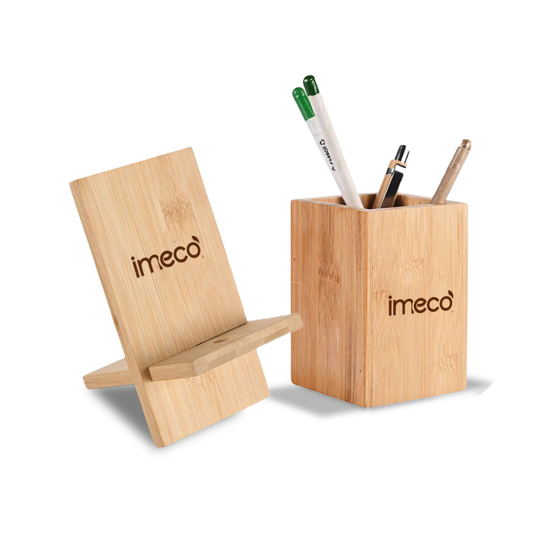 IMECO Combo Pack of Portable Mobile Stand & Bamboo Pen Stand | Ideal for Home & Office Table | Multipurpose Use
