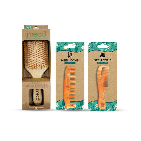 IMECO Oil Treated Neem Wood Dual Tooth Wide Tooth Comb and Bamboo Paddle brush Combo - Pack of 3
