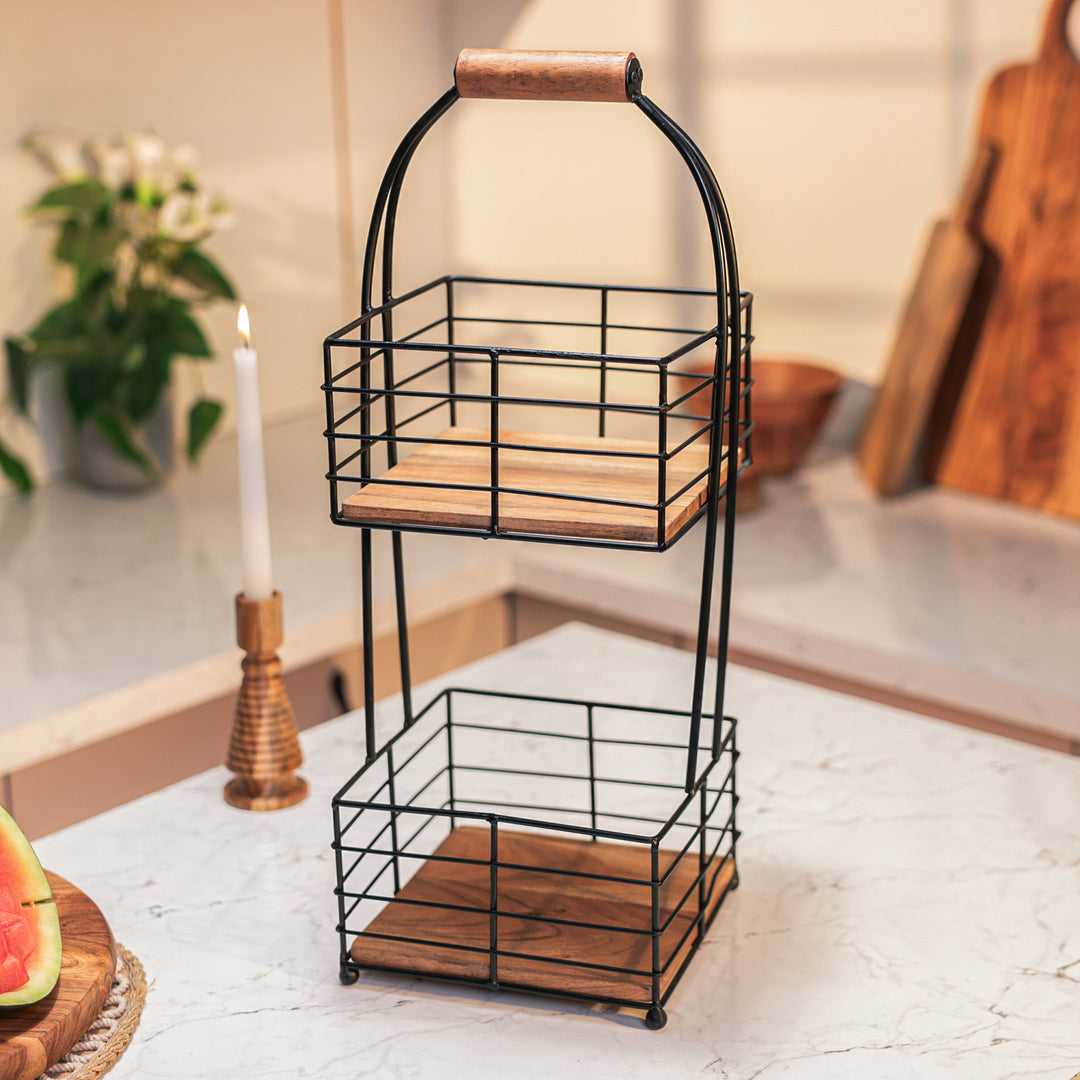 Ireka Homes Rustic Grid Basket – Handcrafted Acacia Wood & Metal Storage Basket – Sturdy 2-Tier Organizer for Fruits, Vegetables & Kitchen Essentials