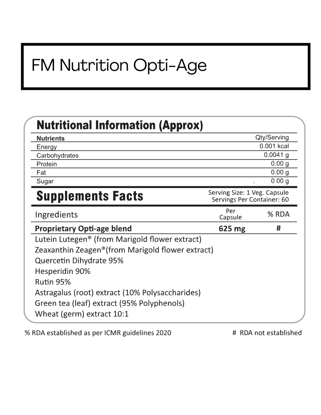 "FM Nutrition Opti-Age I Anti-aging complex I Immune Rejuvenation I Lutein +Zeaxanthin +Quercetin+Hesperidin I Rutin I Astragalus I 60 Veg Capsules "
