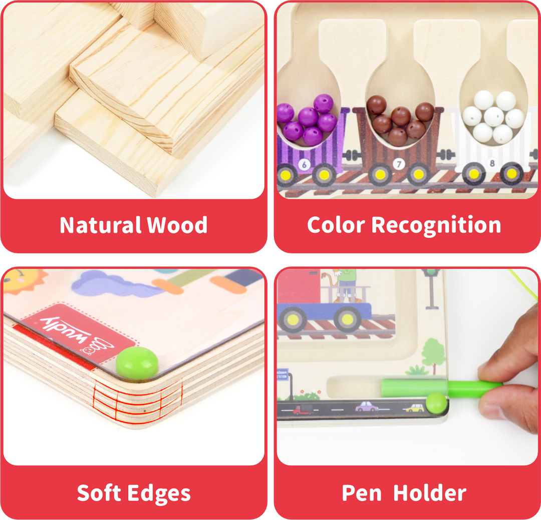 Wudly Magnetic Train Maze Board, Wooden Educational Toy, Ages 3-5, Colour Sorting Puzzle with Magnetic Wand