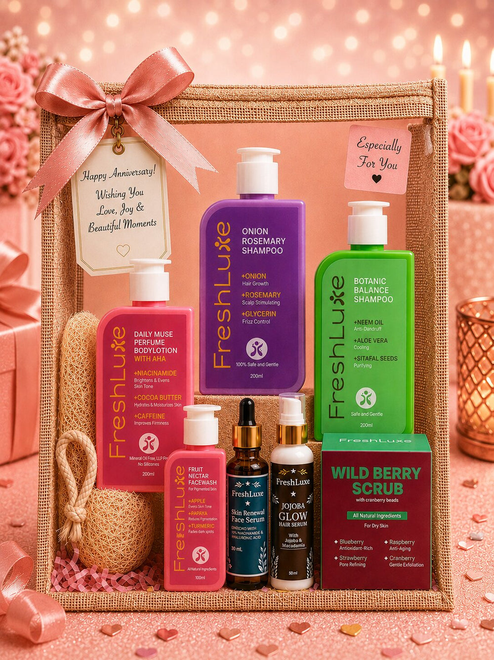 FreshLuxe Anniversary & Wedding Gift Hamper for Women - Gift for Wife | Box, Basket & Anniversary Hamper for Her | Skin Care & Self Care Kit - 7-Piece Set