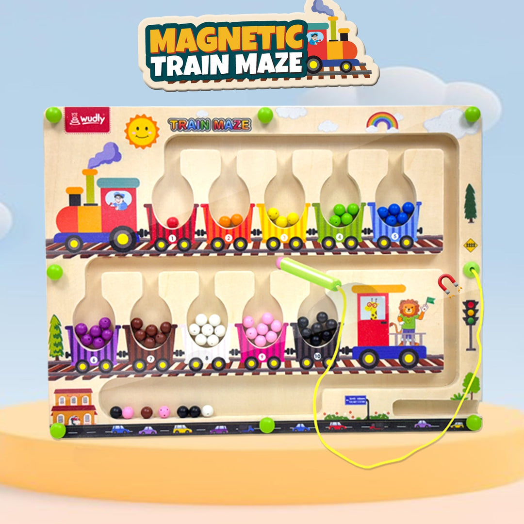Wudly Magnetic Train Maze Board, Wooden Educational Toy, Ages 3-5, Colour Sorting Puzzle with Magnetic Wand