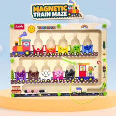 Wudly Magnetic Train Maze Board, Wooden Educational Toy, Ages 3-5, Colour Sorting Puzzle with Magnetic Wand
