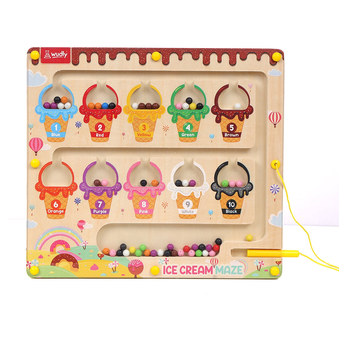 Wudly Ice Cream Maze, Magnetic Color and Number Maze - Educational Fine Motor Skills Toys for Boys Girls 3 4 5 Years Old, Wooden Color Matching Learning Counting Toddler Puzzle Board