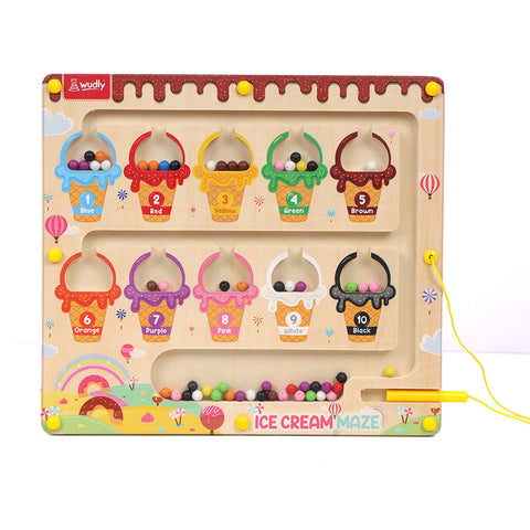 Wudly Ice Cream Maze, Magnetic Color and Number Maze - Educational Fine Motor Skills Toys for Boys Girls 3 4 5 Years Old, Wooden Color Matching Learning Counting Toddler Puzzle Board