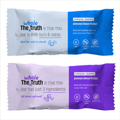 Sugar Free Vegan Energy Bars - 4 x Peanut Choco Fudge, 2 x Almond Choco Fudge | Pack of 6 (40g each)