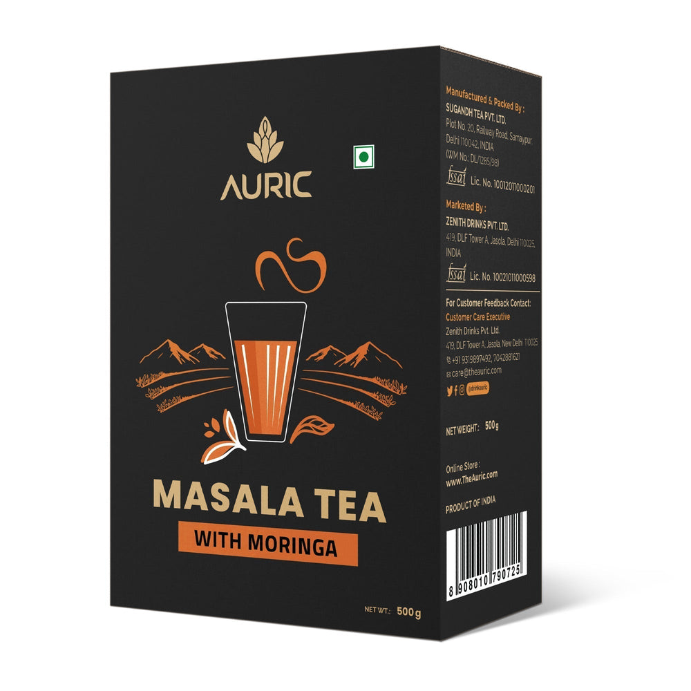 Auric Kadak Moringa Masala Tea - Black Tea from Assam & Darjeeling | Tea Blended with 7 Real Spices (Cardamom, Cinnamon, Ginger, Black Pepper, Tulsi, Star Anise, Clove) 500 Gms