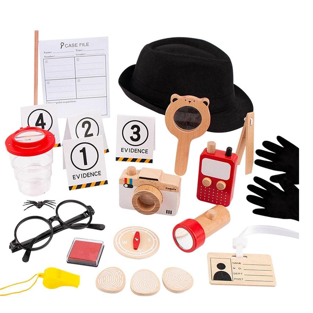Wudly Wooden Detective Role Play Set for Kids, 15 Pieces with Evidence Markers, Wooden Tools, Case File, Black Hat and Accessories