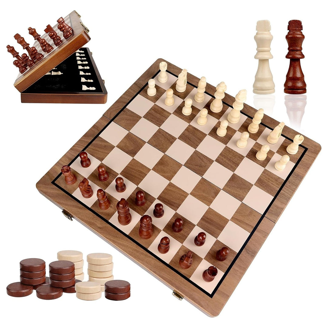 Wudly 2-in-1 Big Chess & Checkers Set – Premium Wooden Board Game for Adults & Kids, Classic Chess + Checkers Combo