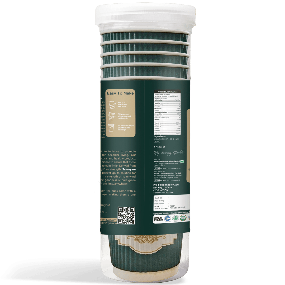 TAVASYAM Ready to Sip Tulsi Flavour Green Tea Cup - Vegan, Gluten Free & Sugar Free - Pre-Filled Tea Cups 200 ml | Tea Cups Set of 12
