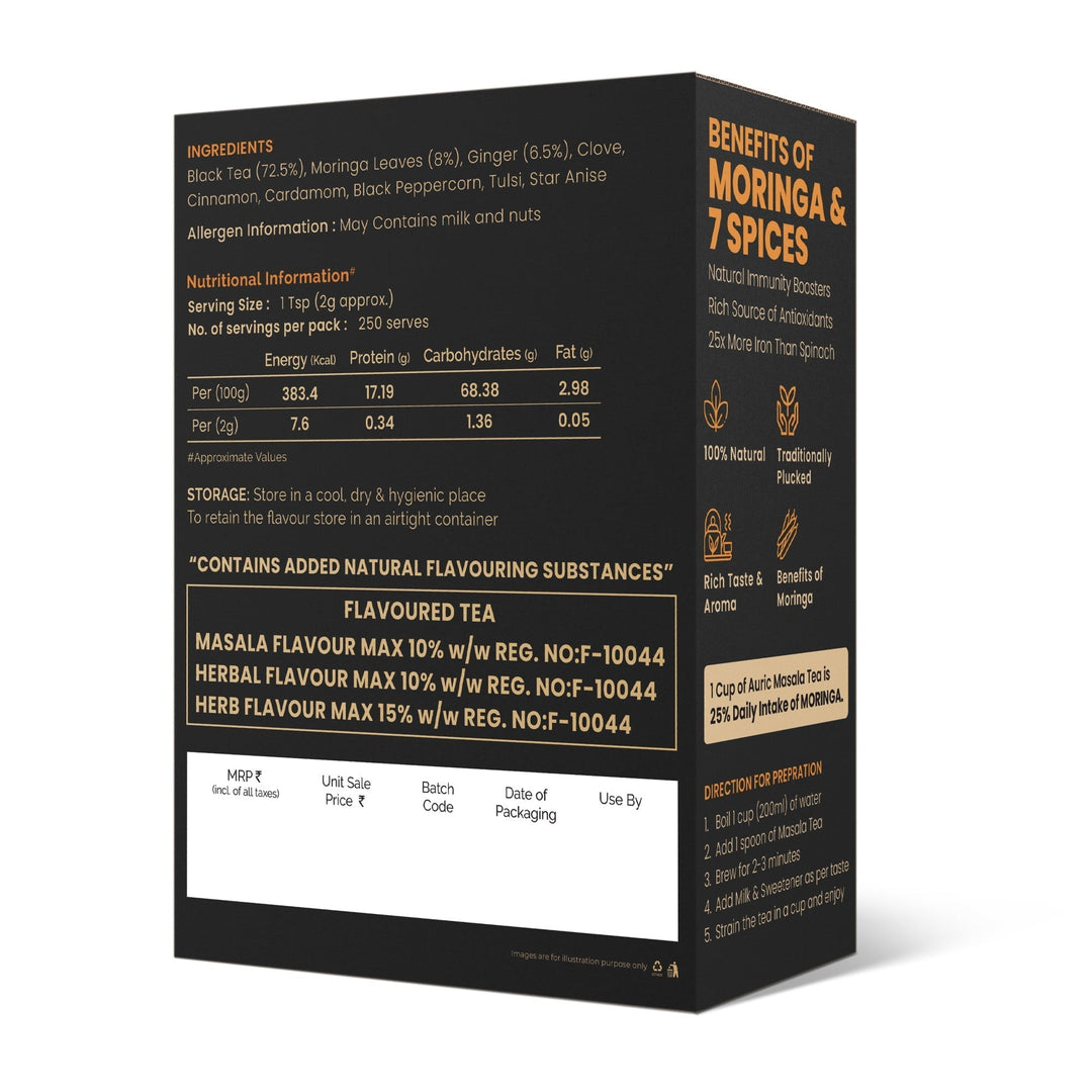 Auric Kadak Moringa Masala Tea - Black Tea from Assam & Darjeeling | Tea Masala Powder Blended with Real Spices (Cardamom, Ginger, Black Pepper) 500 Grams