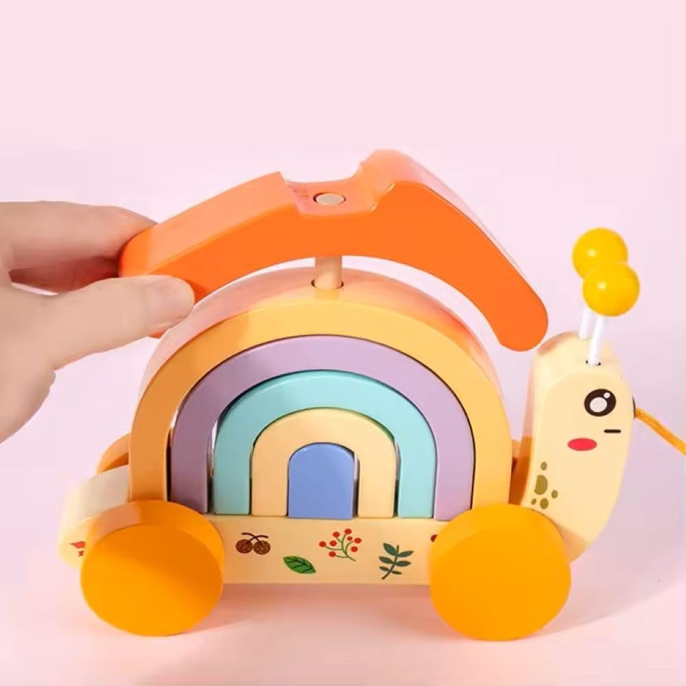 Wudly - Wooden Snail tractor, Pull along toy, Rainbow stacker, Color Blocks, Round Pull toy, toddler activity for 1+ Years kids, Child Safe Certified, Multi Colors