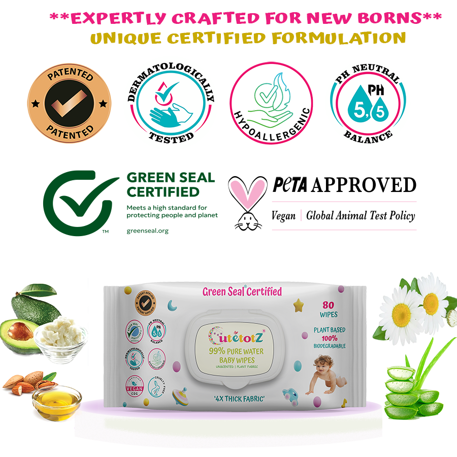 CutetotZ® Baby Wipes - Plant based, 100% Biodegradable, Green Seal® Certified, 99% Water Wipes