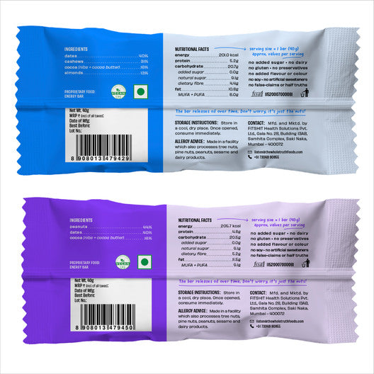 Sugar Free Vegan Energy Bars - 4 x Peanut Choco Fudge, 2 x Almond Choco Fudge | Pack of 6 (40g each)