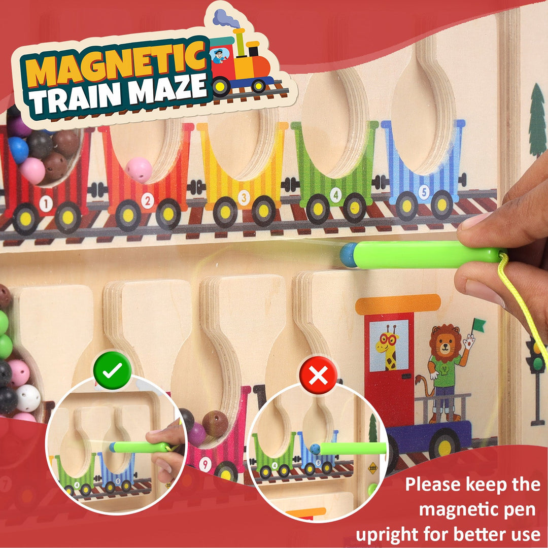 Wudly Magnetic Train Maze Board, Wooden Educational Toy, Ages 3-5, Colour Sorting Puzzle with Magnetic Wand