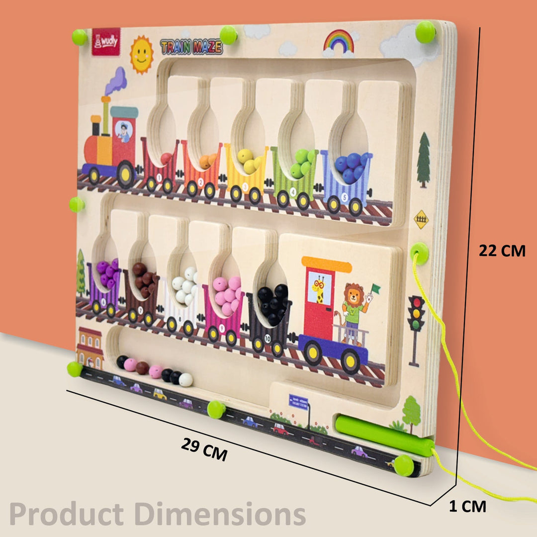 Wudly Magnetic Train Maze Board, Wooden Educational Toy, Ages 3-5, Colour Sorting Puzzle with Magnetic Wand