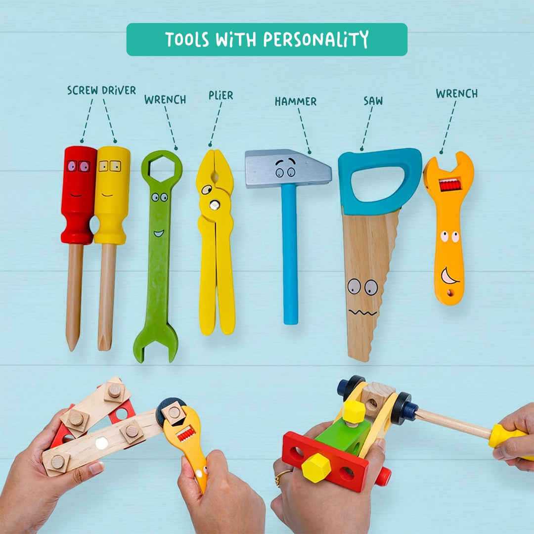 Wudly - Wooden Tool Box, Montessori Educational STEM Toys, Construction Learning Toys for 3+ Years Kids, Set of 53 pcs, Child Safe Certified, Multi color