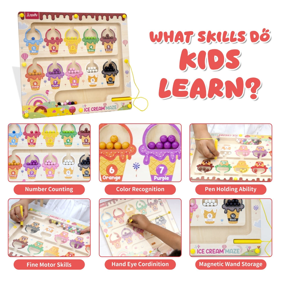 Wudly Ice Cream Maze, Magnetic Color and Number Maze - Educational Fine Motor Skills Toys for Boys Girls 3 4 5 Years Old, Wooden Color Matching Learning Counting Toddler Puzzle Board