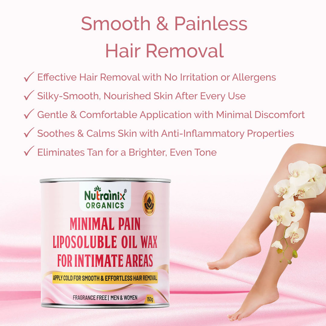 Nutrainix Organics Minimal Pain Liposoluble Oil Wax For Intimate Areas - No-Heat Hair Removal for Intimate Areas & Sensitive Skin - 150 gm