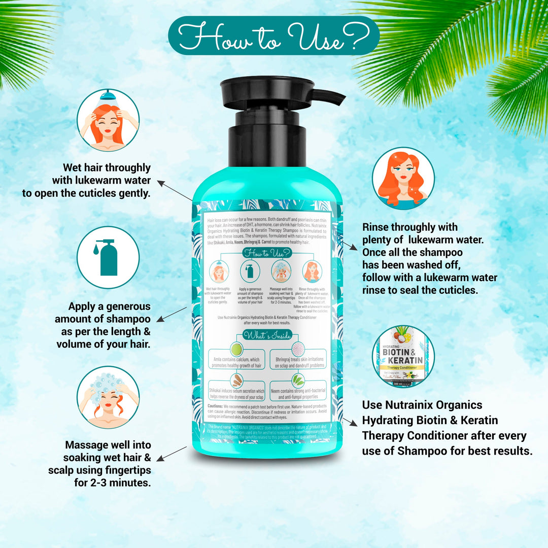 Nutrainix Organics Hydrating Biotin & Keratin Shampoo Biotin + Keratin Miracle for Dry, Damaged & Rebellious Hair - 300 ml