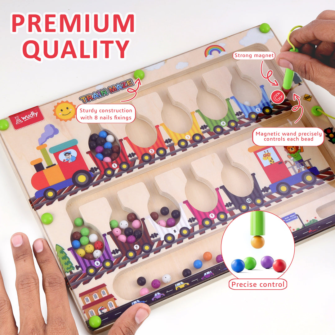 Wudly Magnetic Train Maze Board, Wooden Educational Toy, Ages 3-5, Colour Sorting Puzzle with Magnetic Wand
