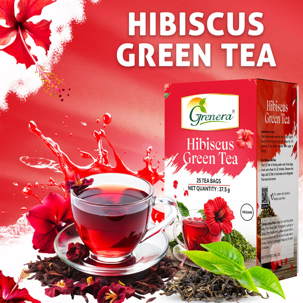 Grenera Hibiscus Green Tea | 25 Staple-Free Tea Bags | Pack of 3