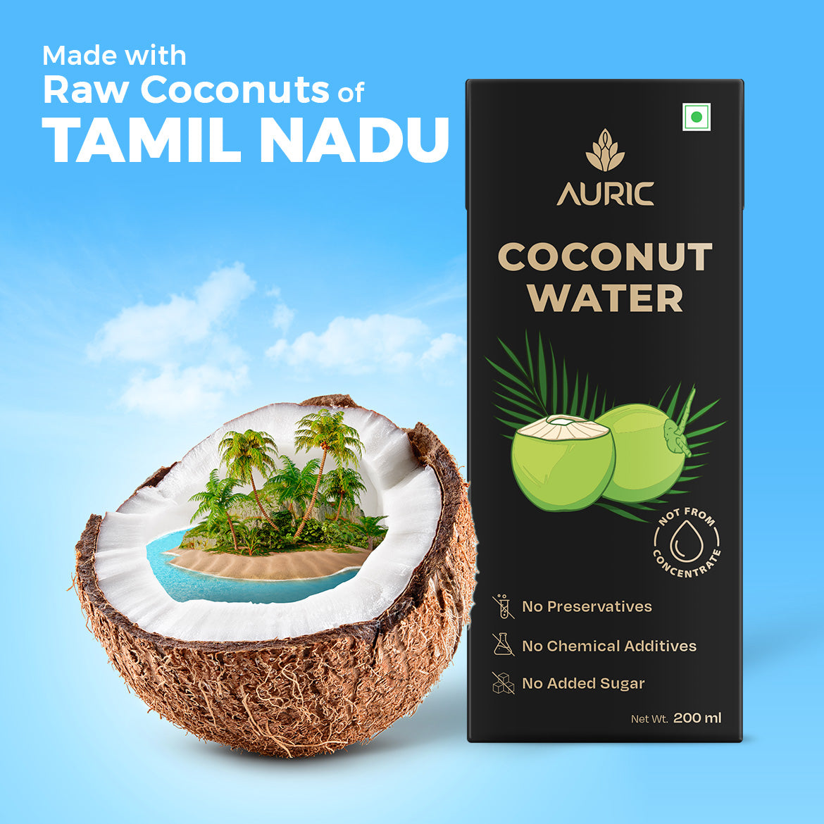 Auric Tender Coconut Water - No Added Sugar and Flavor -200ml Pack of 27