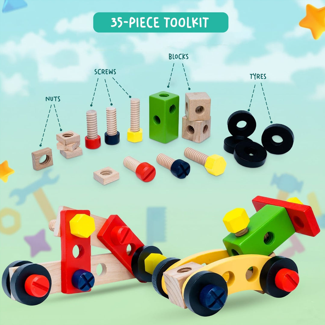 Wudly - Wooden Tool Box, Montessori Educational STEM Toys, Construction Learning Toys for 3+ Years Kids, Set of 53 pcs, Child Safe Certified, Multi color