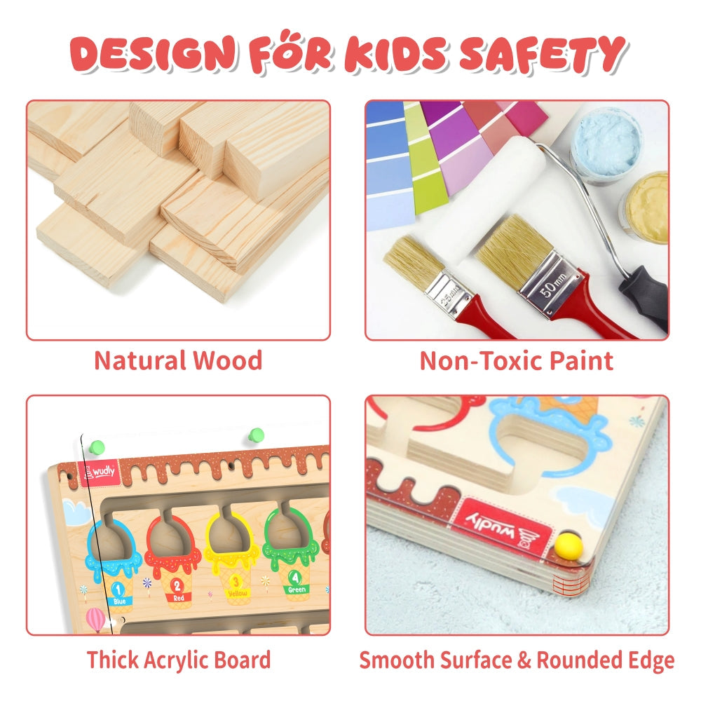 Wudly Ice Cream Maze, Magnetic Color and Number Maze - Educational Fine Motor Skills Toys for Boys Girls 3 4 5 Years Old, Wooden Color Matching Learning Counting Toddler Puzzle Board