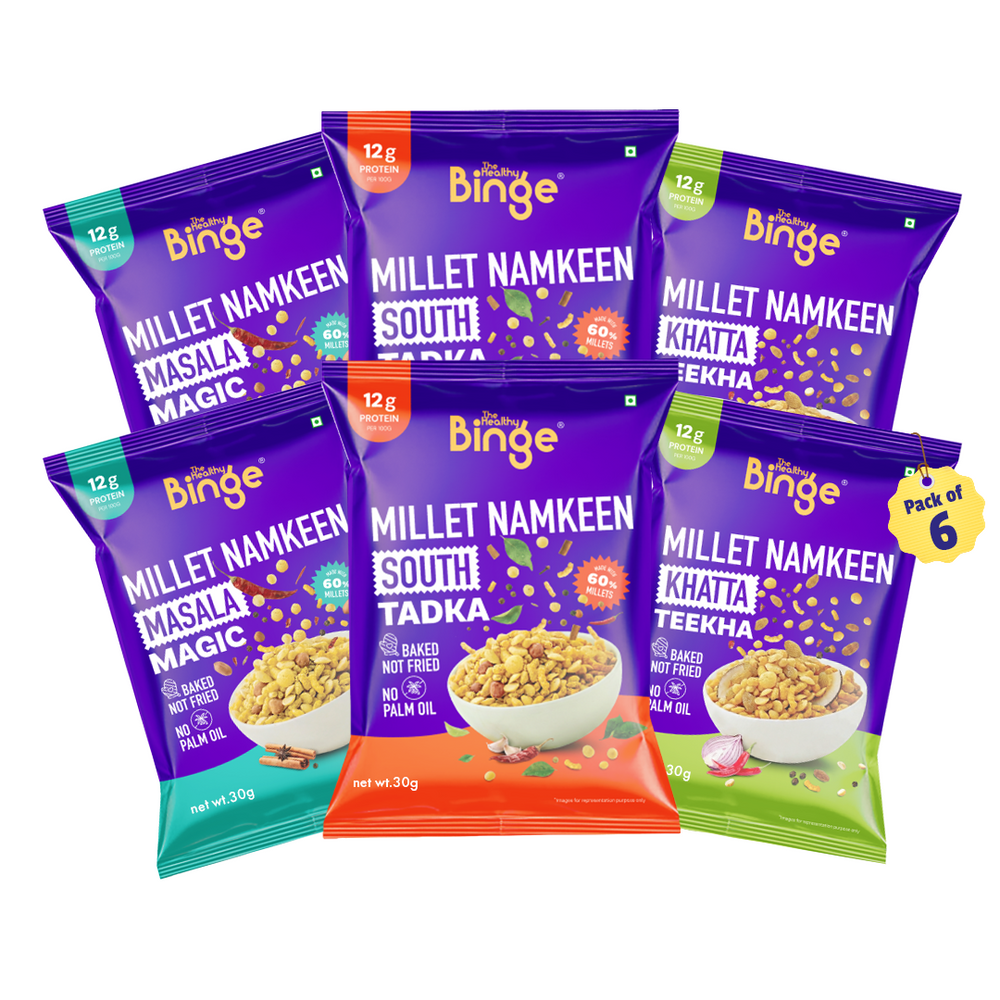 The Healthy Binge Assorted Millet Namkeen Combo – Healthy Snacks Combo 180g | Millet Namkeen Combo | Baked Namkeen | Healthy Snacks for Kids and Adults (Pack of 6)