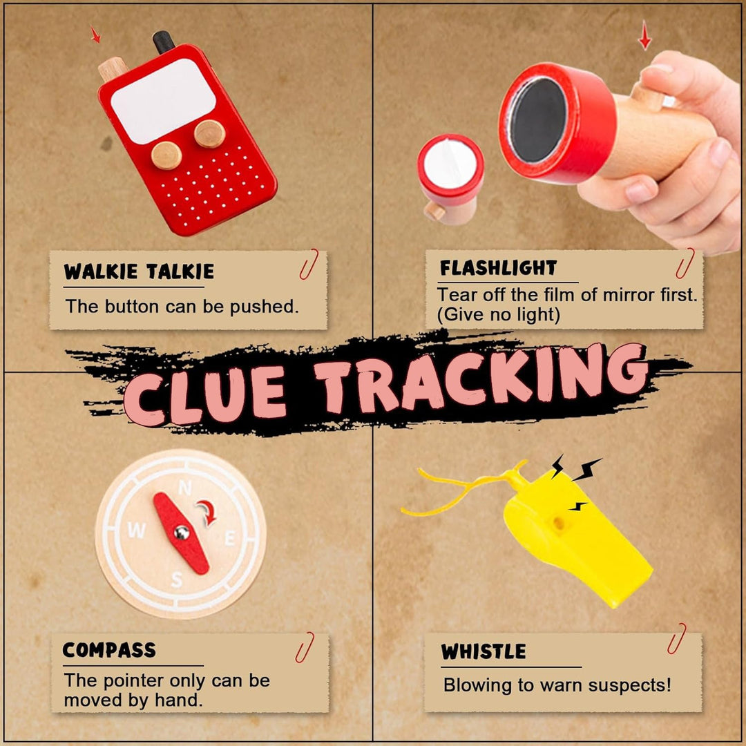 Wudly Wooden Detective Role Play Set for Kids, 15 Pieces with Evidence Markers, Wooden Tools, Case File, Black Hat and Accessories