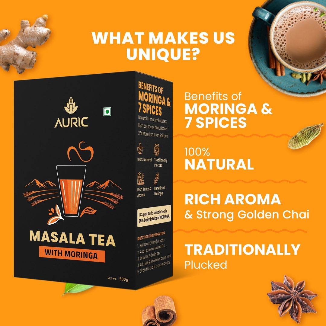 Auric Kadak Moringa Masala Tea - Black Tea from Assam & Darjeeling | Tea Masala Powder Blended with Real Spices (Cardamom, Ginger, Black Pepper) 500 Grams